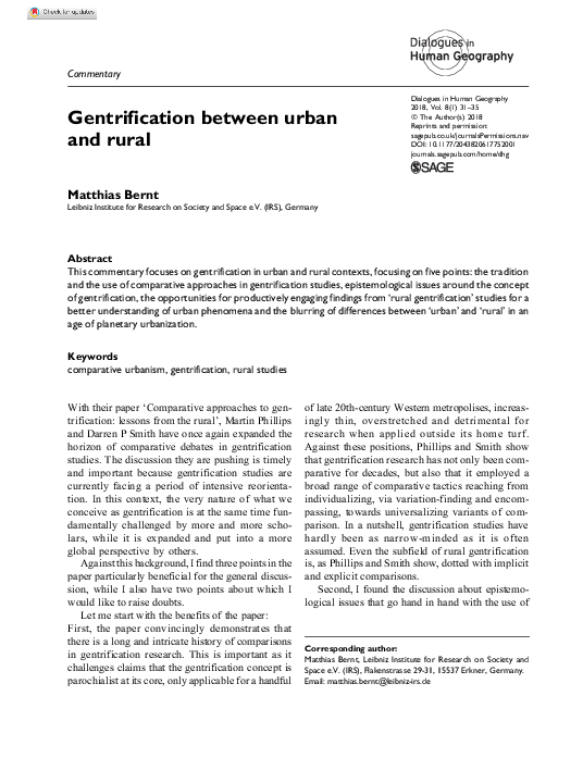 (PDF) Gentrification between urban and rural Matthias Bernt