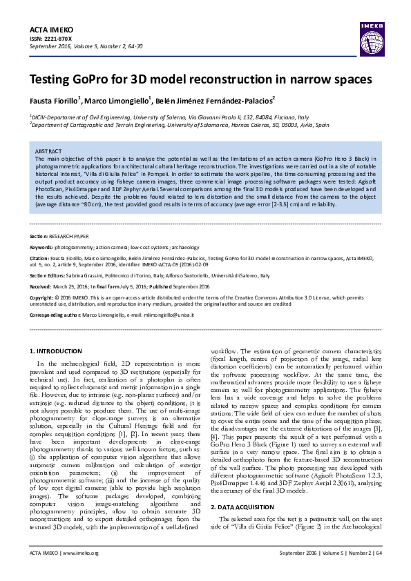 (PDF) Testing GoPro for 3D model reconstruction in narrow spaces