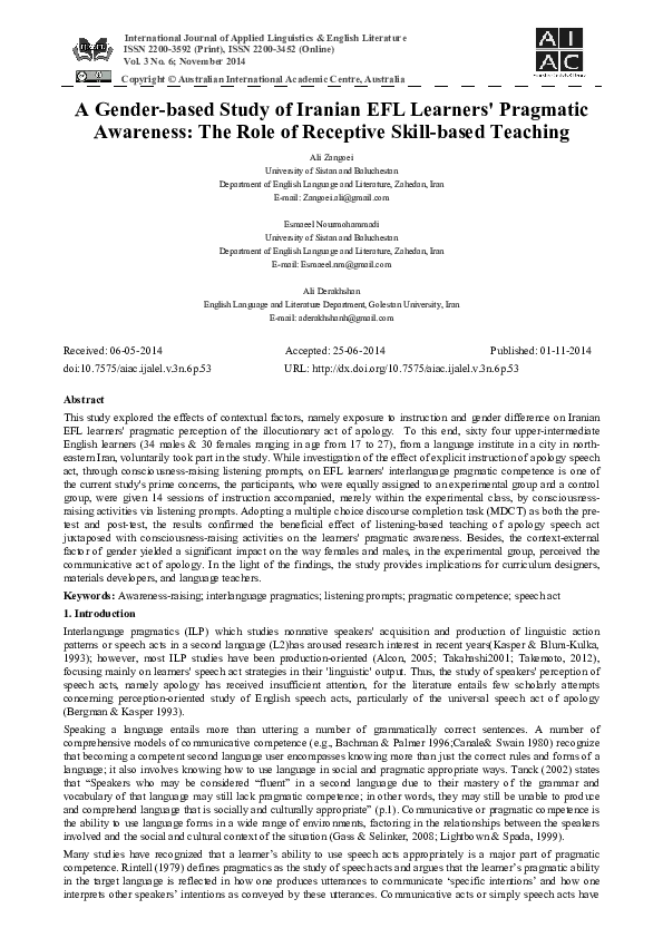 (PDF) A Gender-based Study of Iranian EFL Learners ' Pragmatic ...