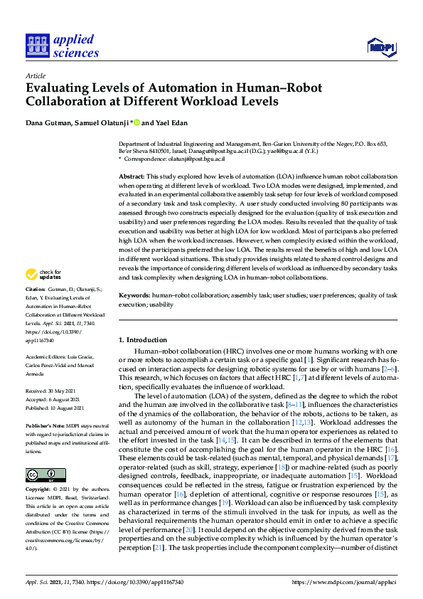 (PDF) Evaluating Levels of Automation in Human–Robot Collaboration at ...