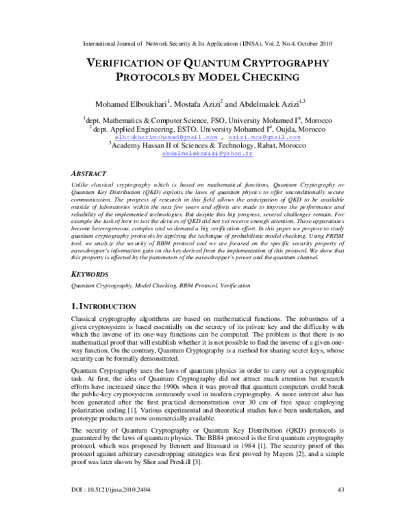 (PDF) Verification Of Quantum Cryptography Protocols By Model Checking