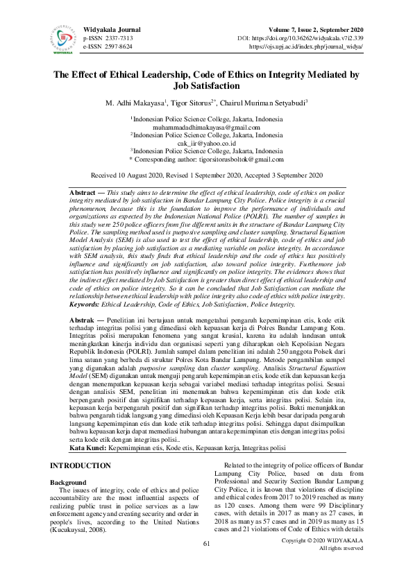 (PDF) The Effect of Ethical Leadership, Code of Ethics on Integrity ...
