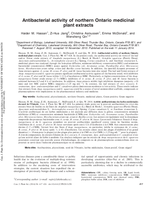 (PDF) Antibacterial activity of northern Ontario medicinal plant extracts