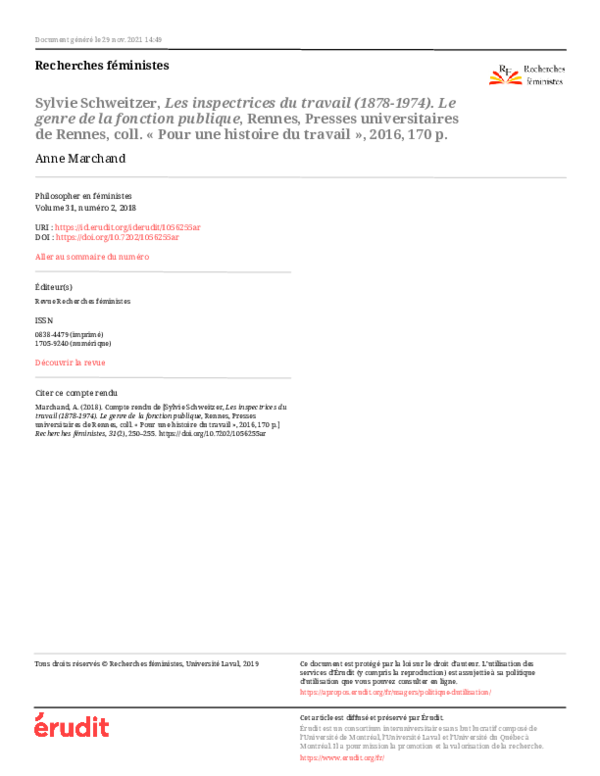 Sylvie Schweitzer, Les inspectrices du travail (1878-1974). Le genre de la fonction publique, Rennes, Presses universitaires de Rennes, coll. « Pour une histoire du travail », 2016, 170 p