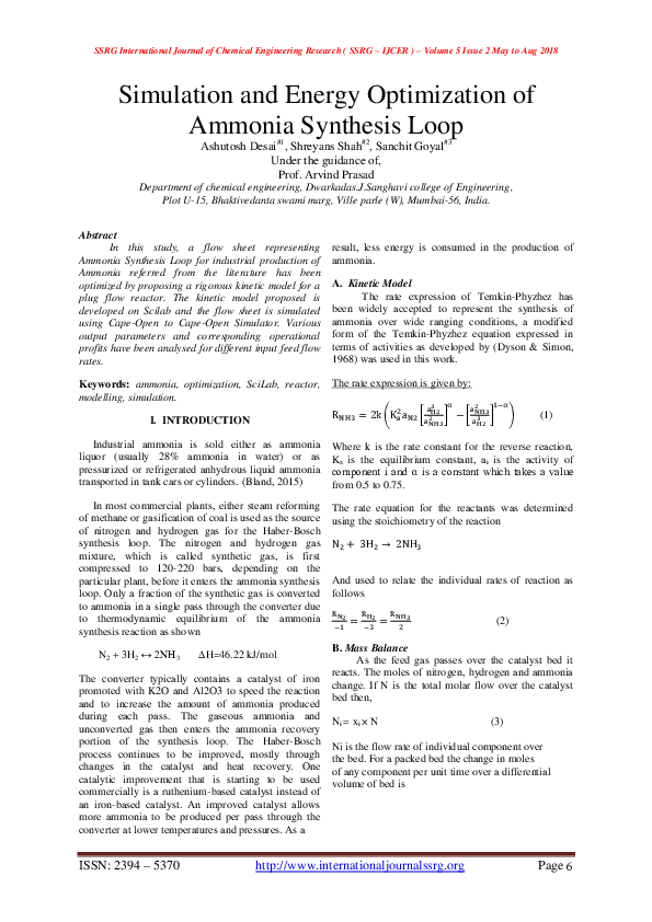 (PDF) Simulation and Energy Optimization of Ammonia Synthesis Loop