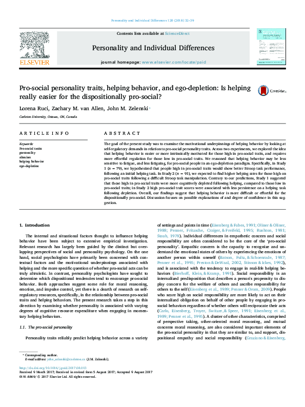 (PDF) Pro-social personality traits, helping behavior, and ego ...