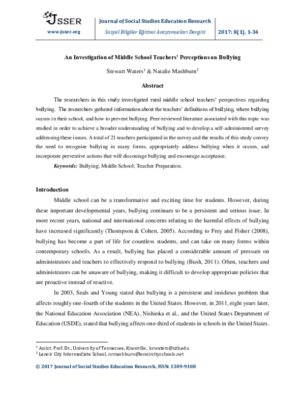 (PDF) An Investigation of Middle School Teachers' Perceptions on Bullying