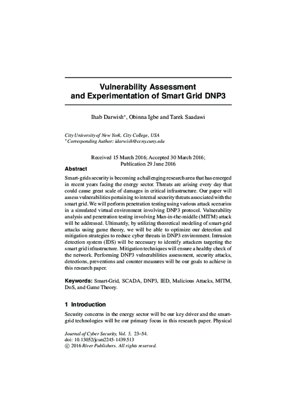 (PDF) Vulnerability Assessment and Experimentation of Smart Grid DNP3