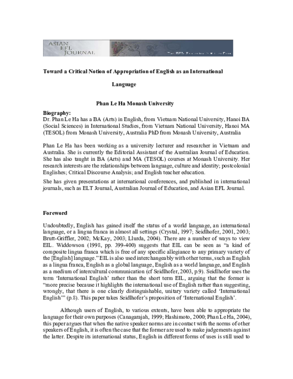 (PDF) Toward a Critical Notion of Appropriation of English as an ...