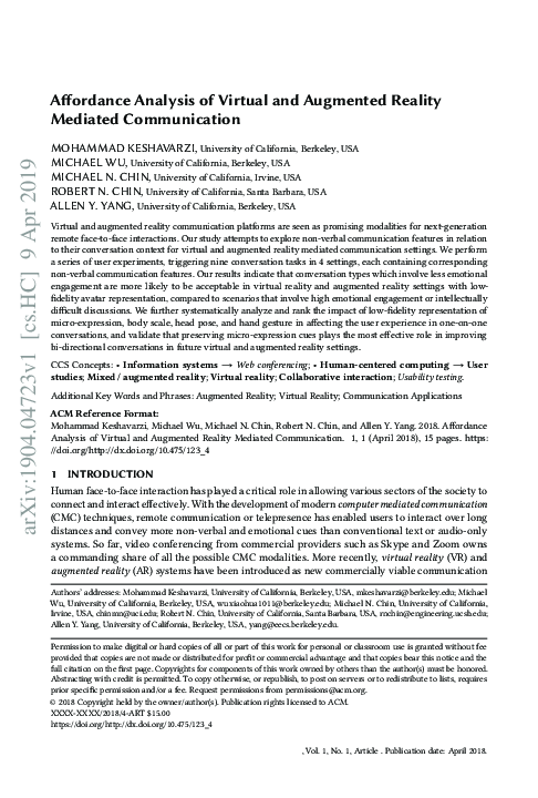(PDF) Affordance Analysis of Virtual and Augmented Reality Mediated ...