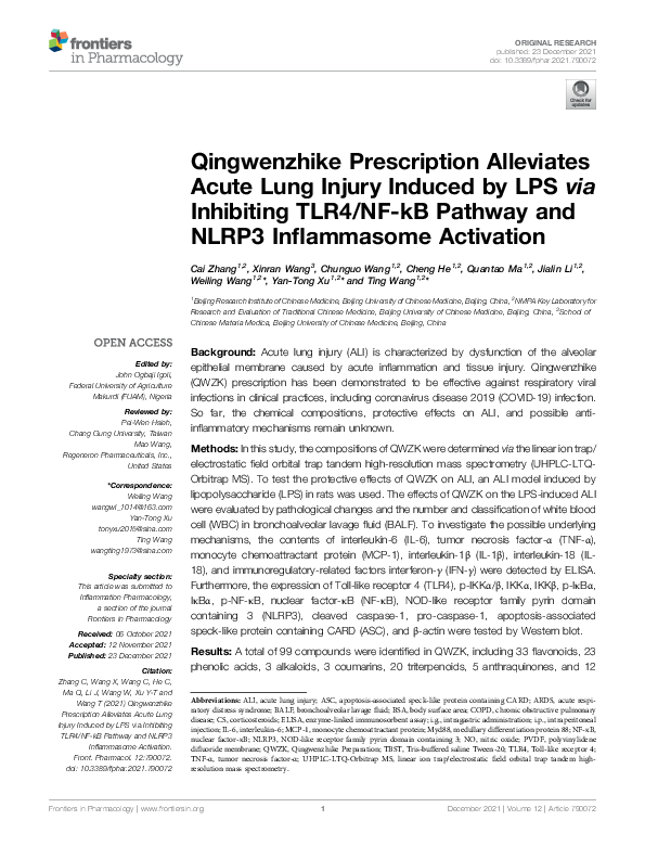 (PDF) Qingwenzhike Prescription Alleviates Acute Lung Injury Induced by ...