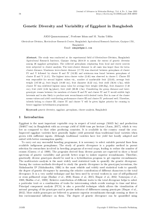 (PDF) Genetic Diversity and Variability of Eggplant in Bangladesh