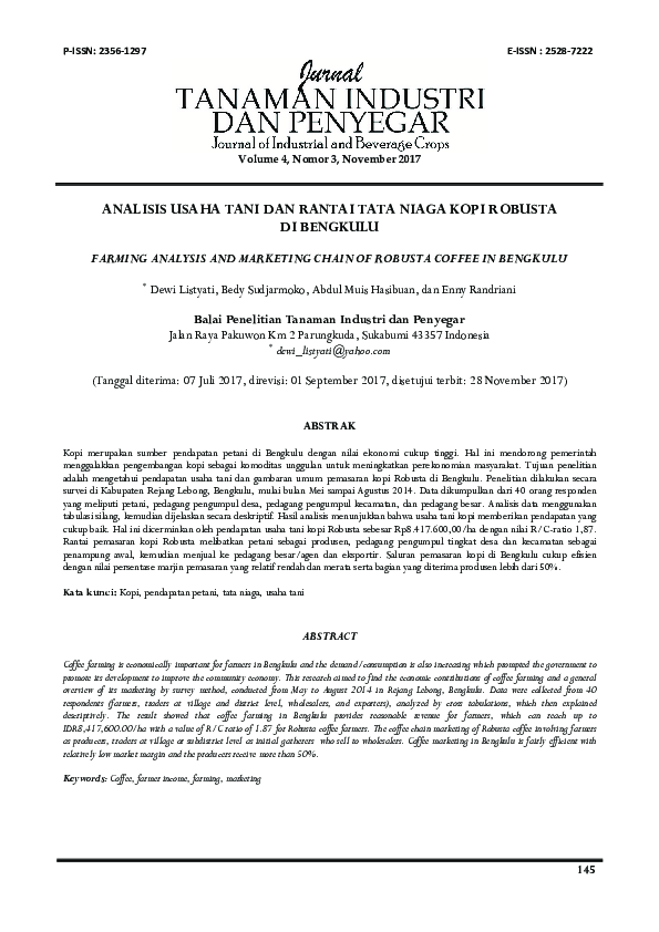 (PDF) Farming Analysis and Marketing Chain of Robusta Coffee in Bengkulu
