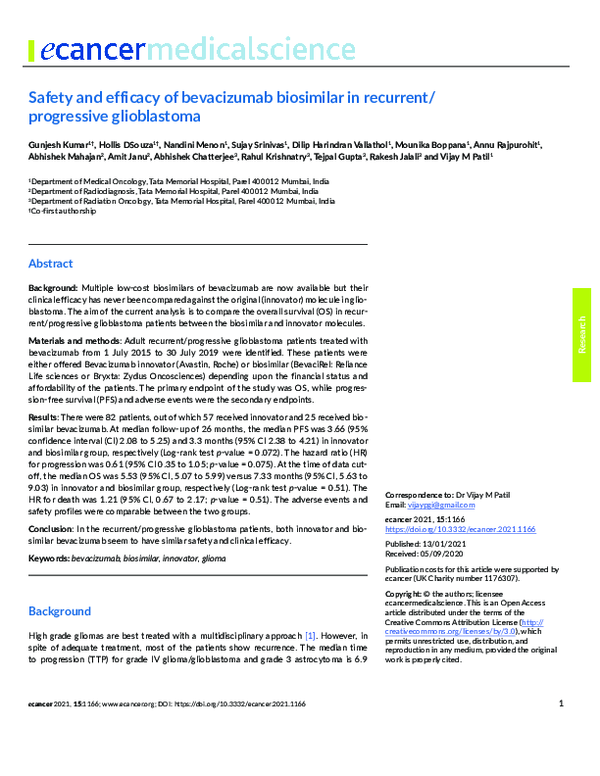 (PDF) Safety and efficacy of bevacizumab biosimilar in recurrent ...