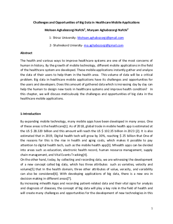 (PDF) Challenges and Opportunities of Big data in Health Care