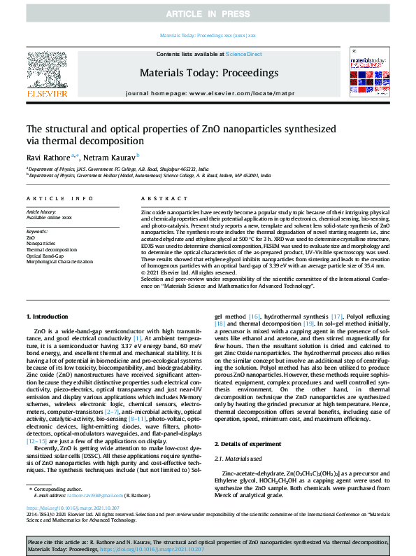 (PDF) The structural and optical properties of ZnO nanoparticles ...