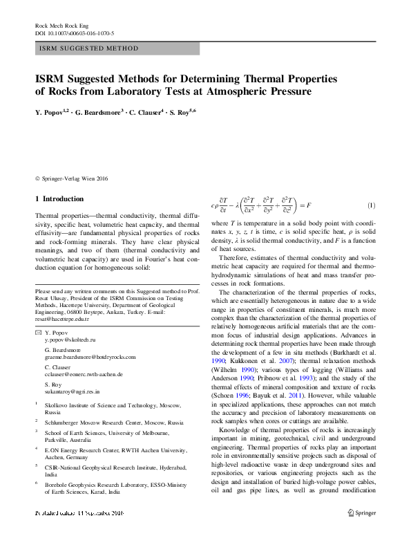 (PDF) ISRM Suggested Methods for Determining Thermal Properties of ...