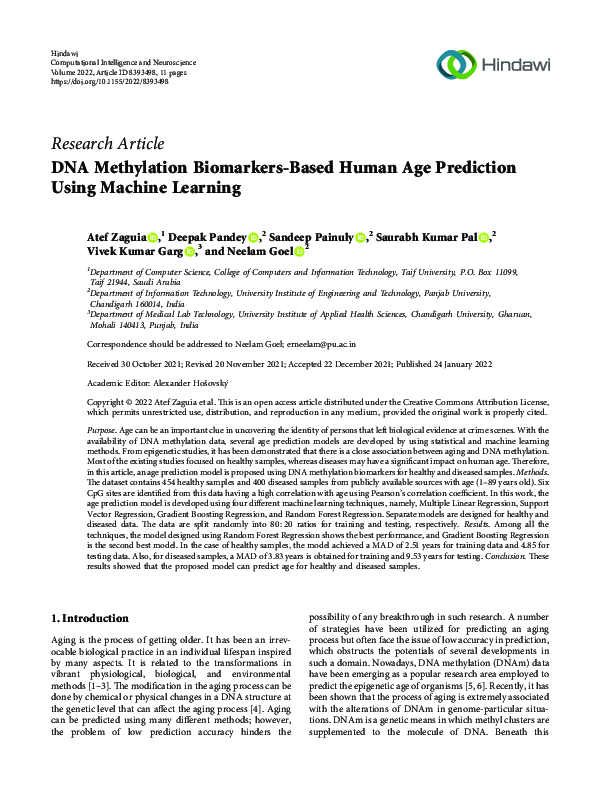 (PDF) DNA Methylation Biomarkers-Based Human Age Prediction Using ...