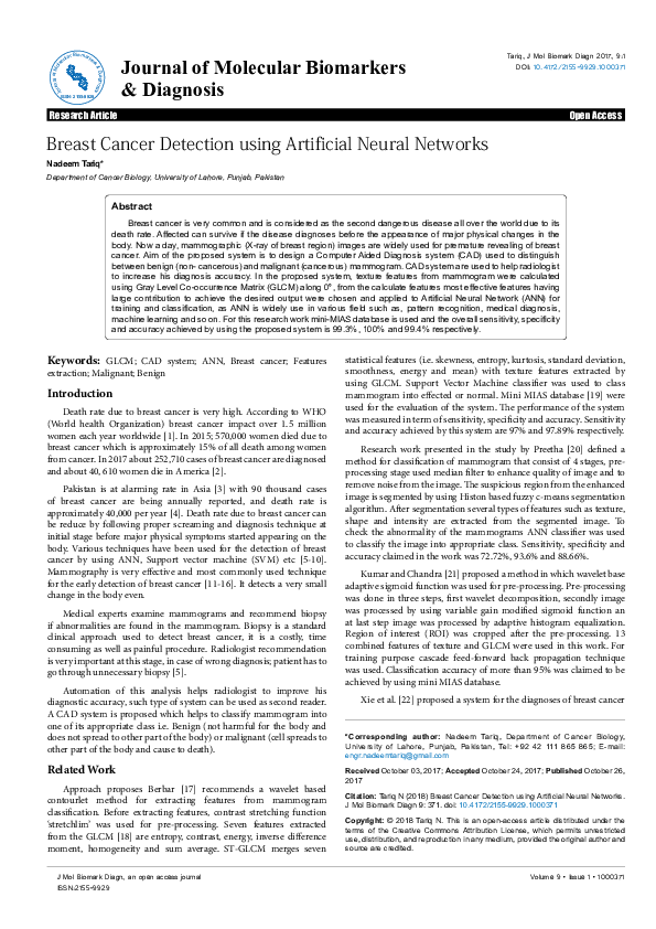 (PDF) Breast Cancer Detection using Artificial Neural Networks
