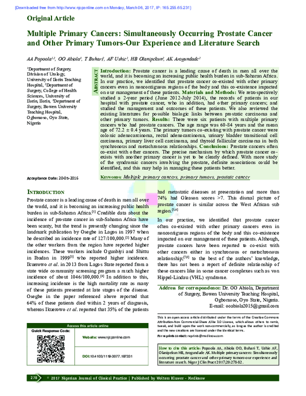 (PDF) Multiple primary cancers: Simultaneously occurring prostate ...