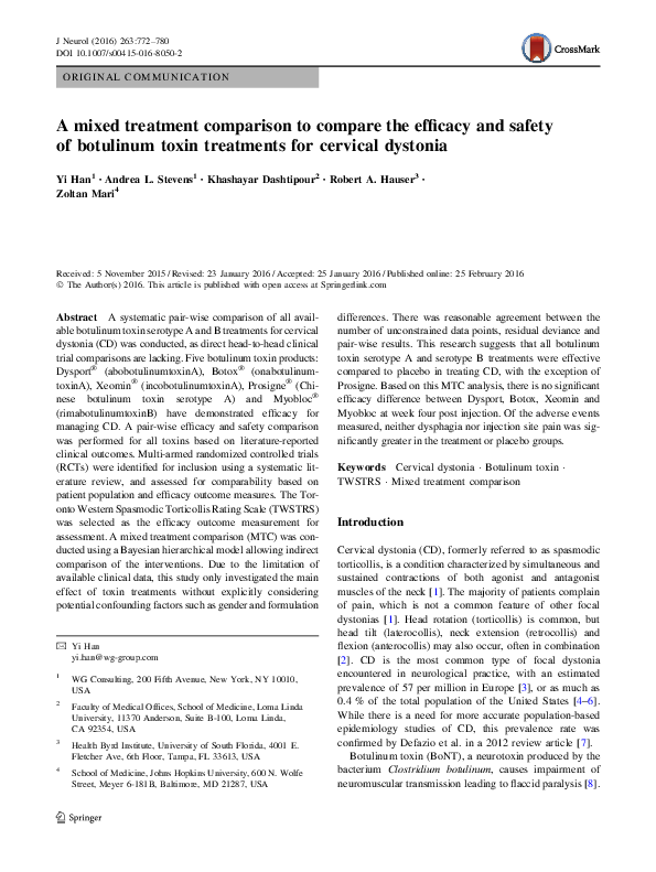 Pdf A Mixed Treatment Comparison To Compare The Efficacy Of Botulinum