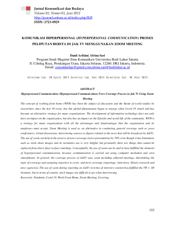 (PDF) Komunikasi Hiperpersonal (Hyperpersonal Communication) Proses ...