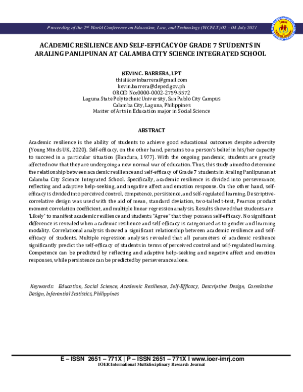 (PDF) Academic Resilience and Self-Efficacyof Grade 7 Students in ...