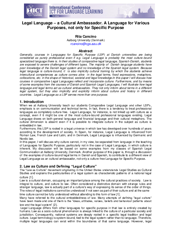 (PDF) Legal Language – a Cultural Ambassador. A Language for Various ...