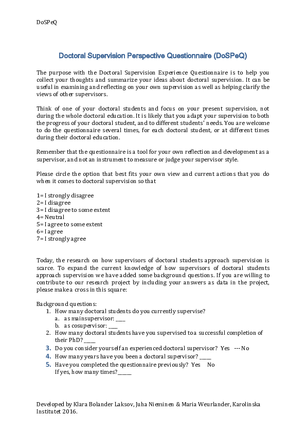 (PDF) Doctoral Supervision Perspectives Questionnaire (DoSPeQ) - a ...