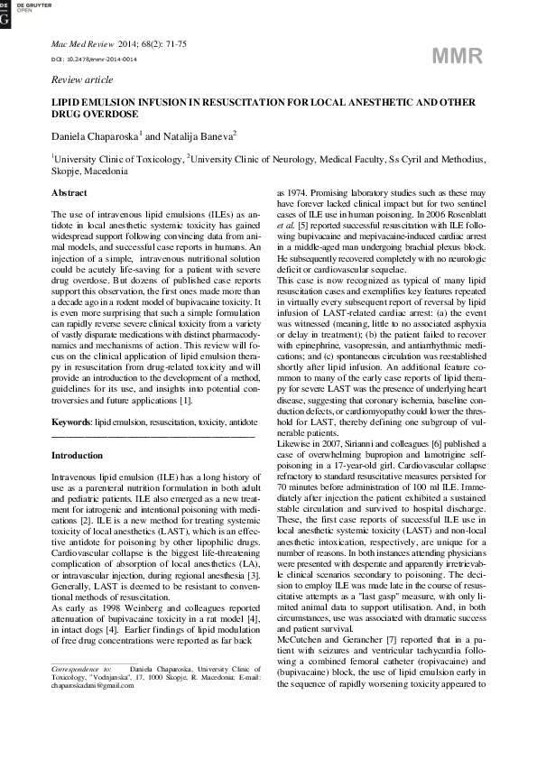 (PDF) Lipid Emulsion Infusion in Resuscitation for Local Anesthetic and