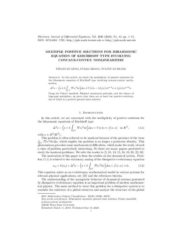 (PDF) Multiple Positive Solutions for Biharmonic Equation of Kirchhoff ...
