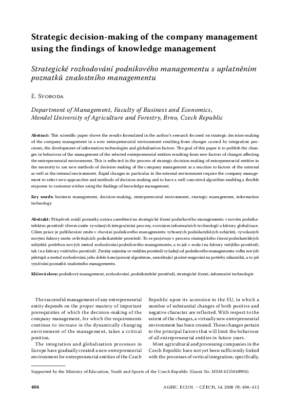 Pdf Strategic Decision Making Of The Company Management Using The