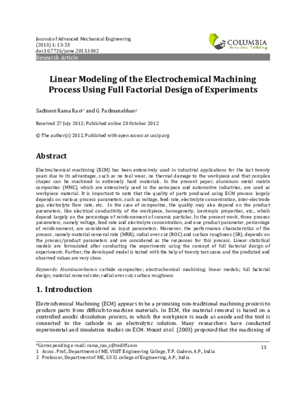 (PDF) Linear Modeling of the Electrochemical Machining Process Using ...