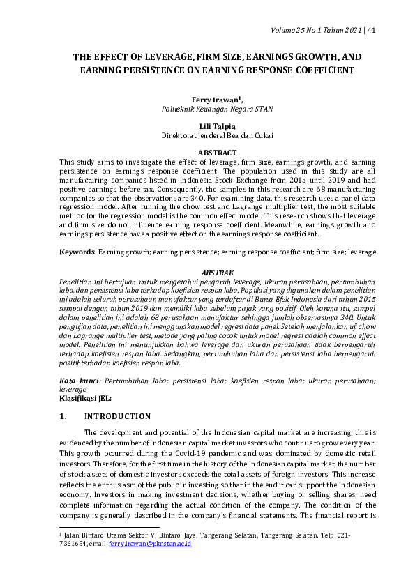 (PDF) The Effect of Leverage, Firm Size, Earning Growth, and Earning ...
