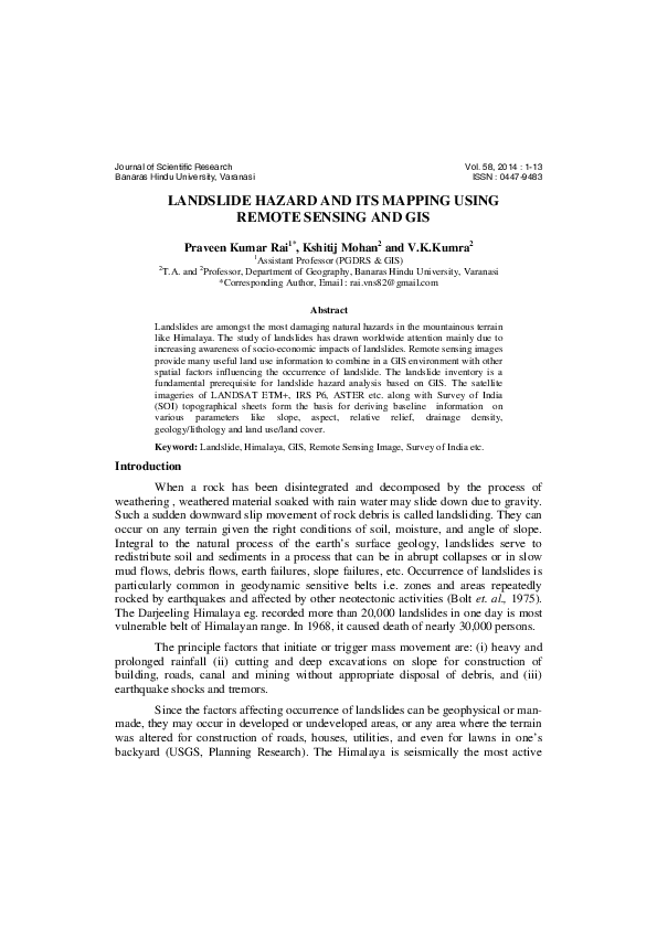 (PDF) Landslide Hazard and Its Mapping Using Remote Sensing and Gis