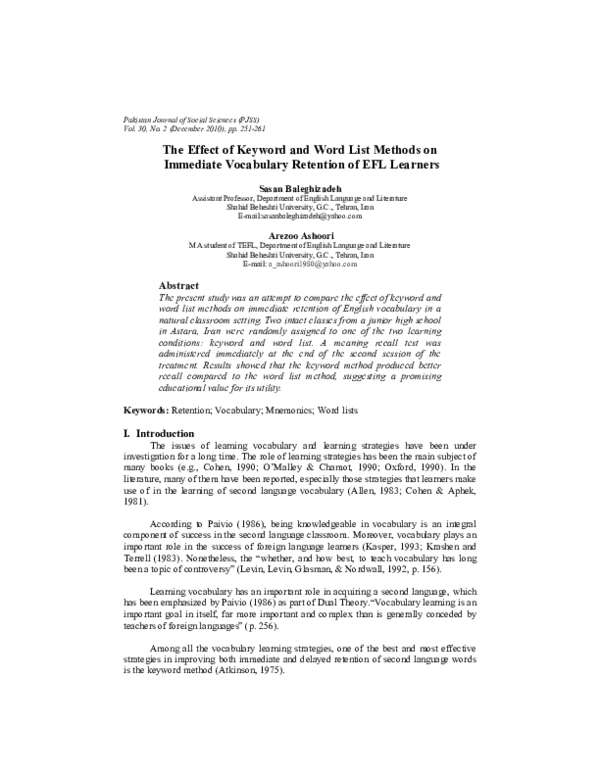 (PDF) The Effect of Keyword and Word List Methods on Immediate ...