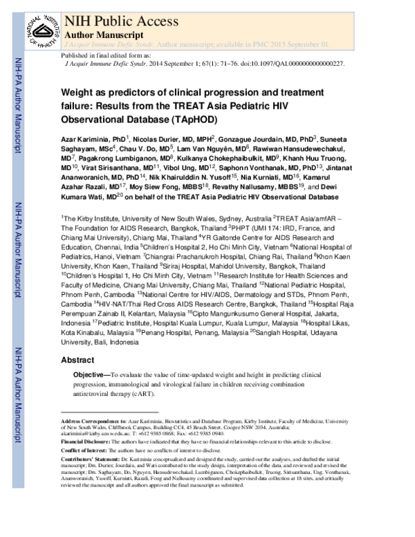 (PDF) Weight as Predictors of Clinical Progression and Treatment Failure
