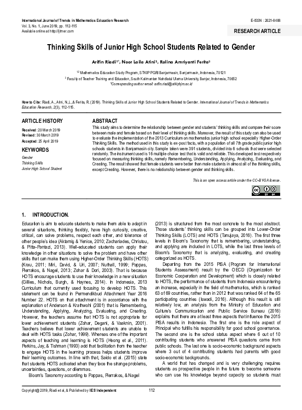 (PDF) Thinking Skills of Junior High School Students Related to Gender