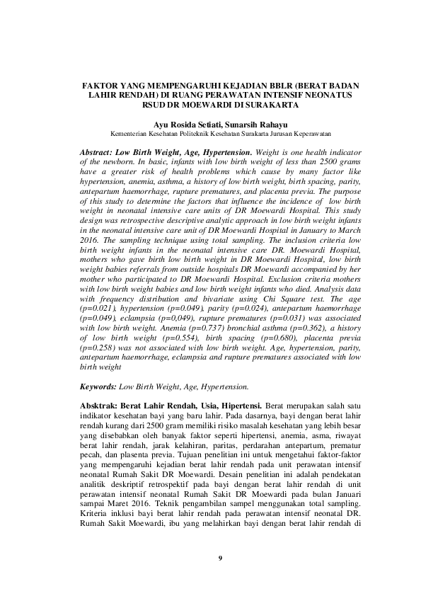(PDF) Faktor Yang Mempengaruhi Kejadian BBLR (Berat Badan Lahir Rendah
