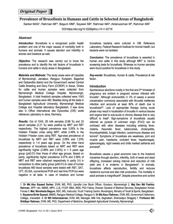 (PDF) Prevalence of Brucellosis in Humans and Cattle in Selected Areas ...