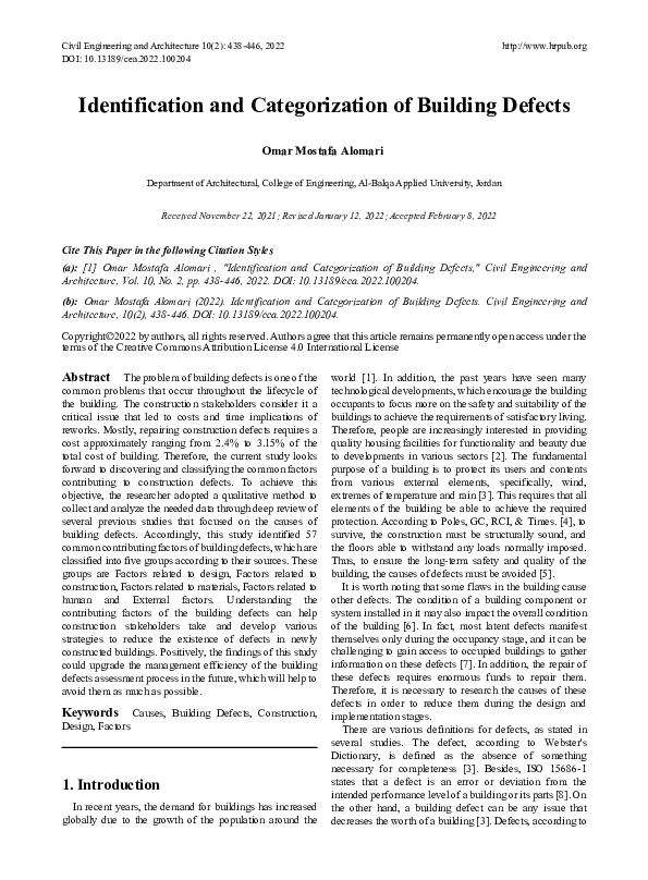 (PDF) Identification and Categorization of Building Defects