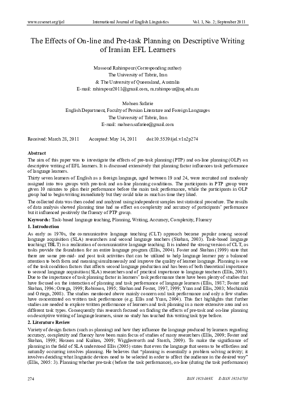 (PDF) The Effects of On-line and Pre-task Planning on Descriptive ...