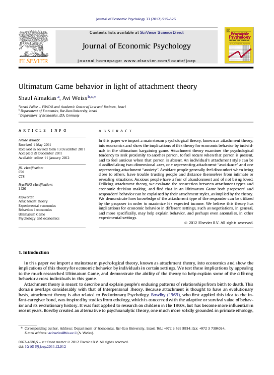 (PDF) Ultimatum Game behavior in light of attachment theory shaul almakias Academia.edu