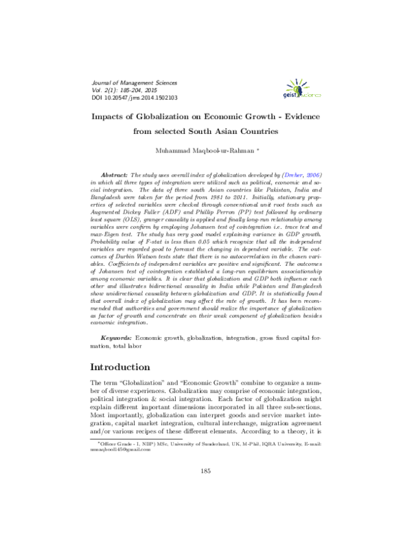 (PDF) Impacts Of Globalization On Economic Growth - Evidence From ...