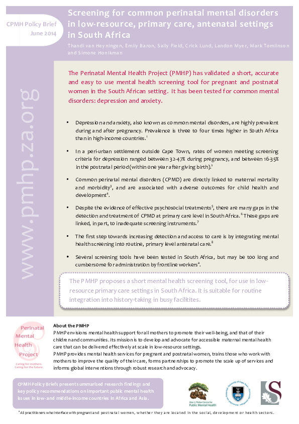 (PDF) Screening for common perinatal mental disorders in low-­-resource ...