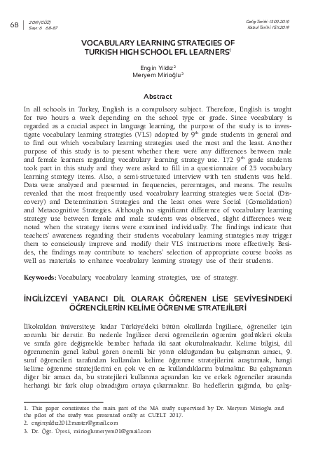 (PDF) The Vocabulary Learning Strategies of High School Efl Learners