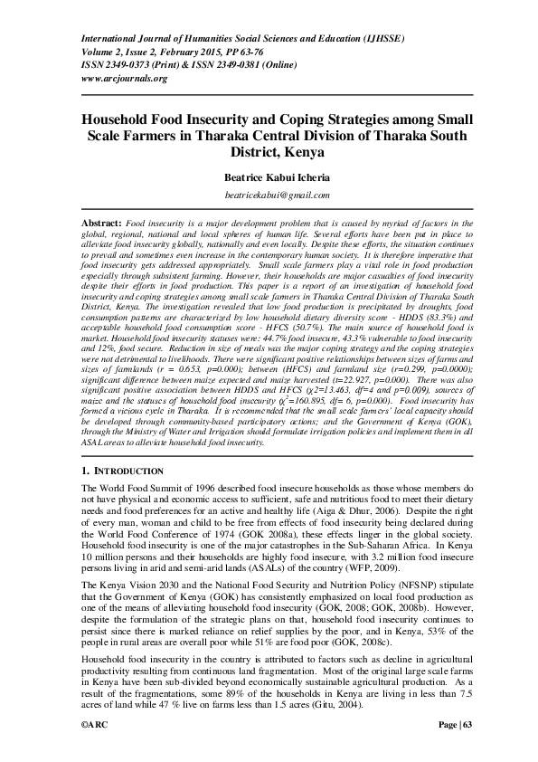 (PDF) Household Food Insecurity and Coping Strategies among Small Scale ...