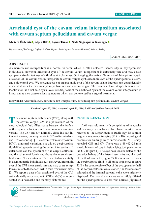 (PDF) Arachnoid cyst of the cavum velum interpositum associated with cavum septum pellucidum and