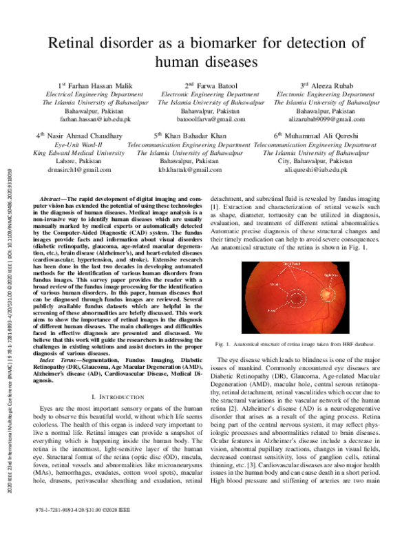 (PDF) Retinal disorder as a biomarker for detection of human diseases