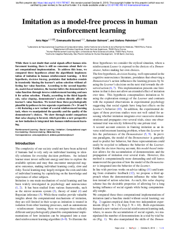 (PDF) Imitation as a model-free process in human reinforcement learning